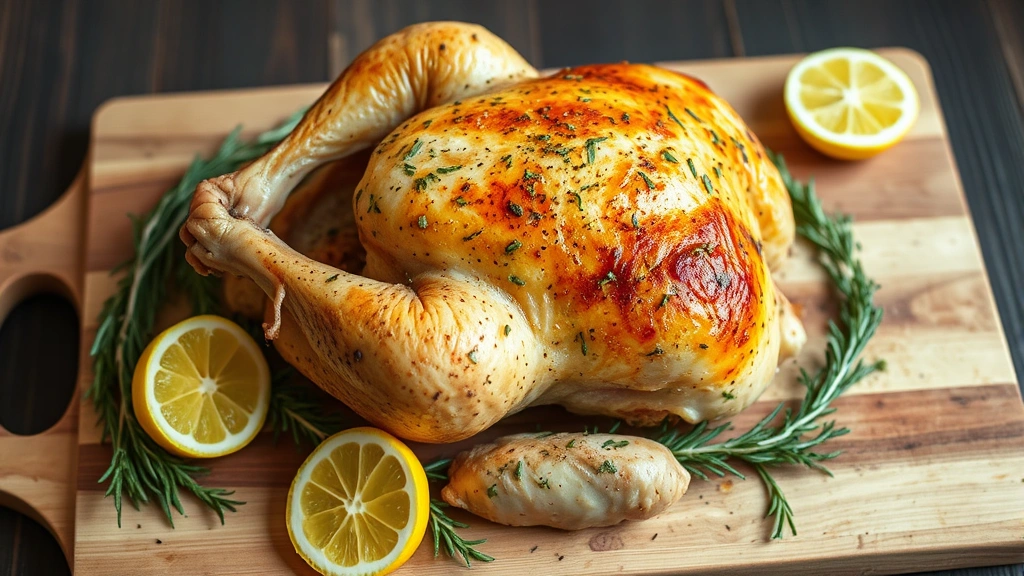 Whole roasted lemon herb chicken on cutting board with fresh thyme, rosemary, and lemon halves scattered around, golden crispy skin visible