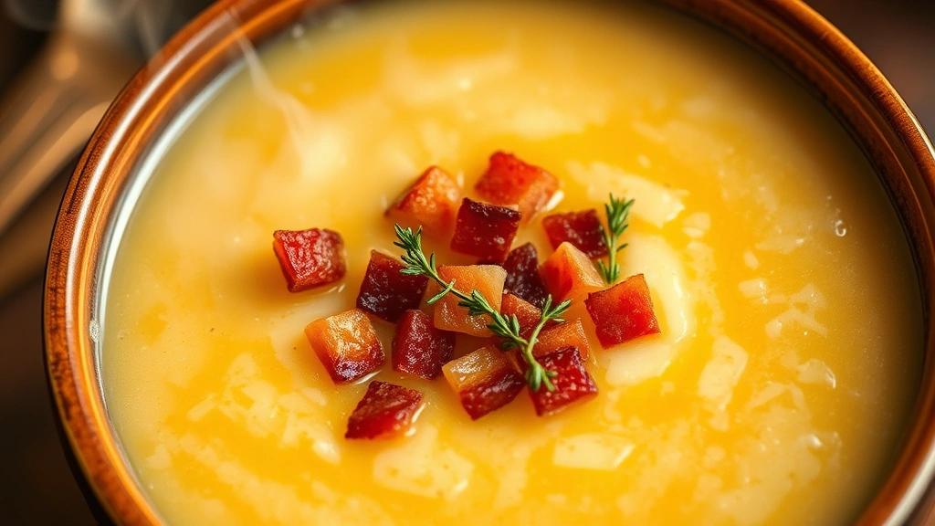 Steaming bowl of creamy cauliflower soup garnished with crispy bacon bits and fresh thyme, rich golden color, homemade comfort food, warm steam rising from ceramic bowl