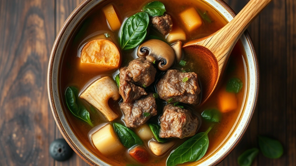 Overhead shot of hearty beef bone broth soup with tender beef chunks, mushrooms, spinach, and vegetables in clear amber broth, rustic wooden spoon, natural lighting
