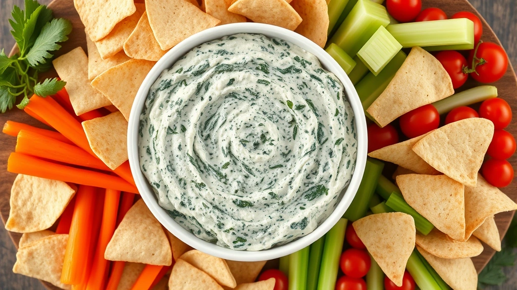 Overhead view of creamy spinach dip in white ceramic bowl surrounded by tortilla chips, pita chips, and fresh vegetable crudités including carrots, celery, and cherry tomatoes on wooden serving platter