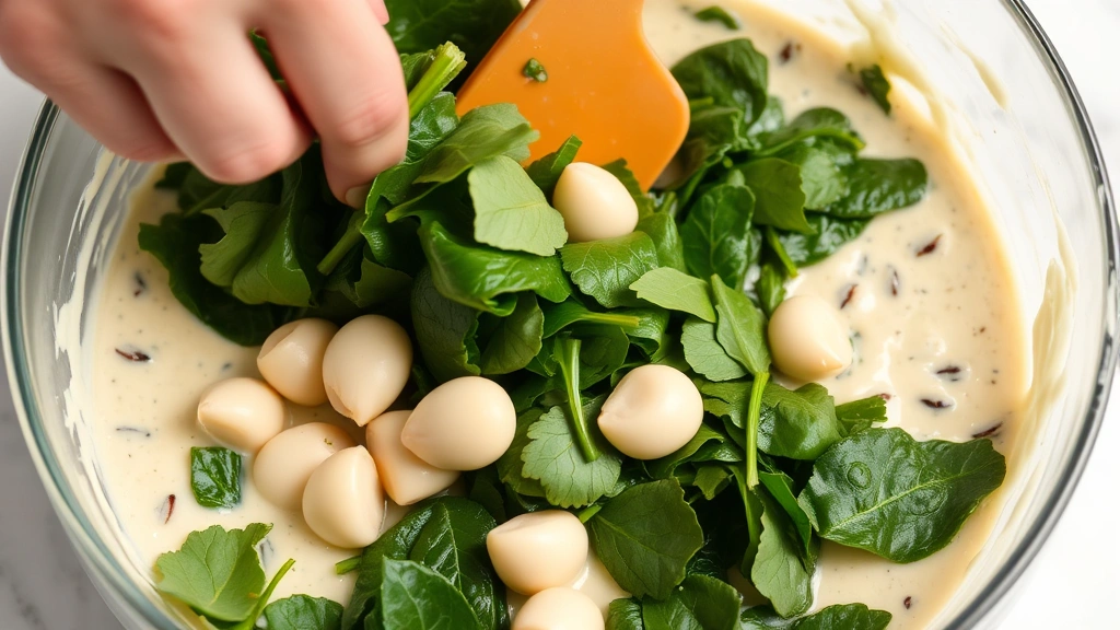 Close-up of hands folding fresh spinach and water chestnuts into creamy mixture in large glass bowl with rubber spatula, showing texture and ingredients clearly