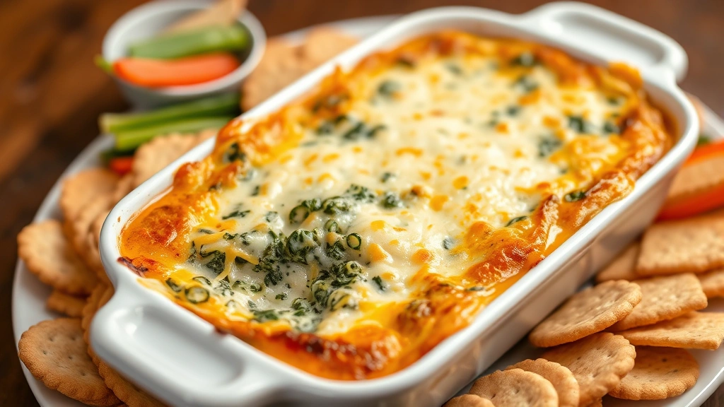 Golden-baked spinach dip in rectangular baking dish with melted cheese on top, steaming slightly, surrounded by various crackers and vegetable dippers on white ceramic plate