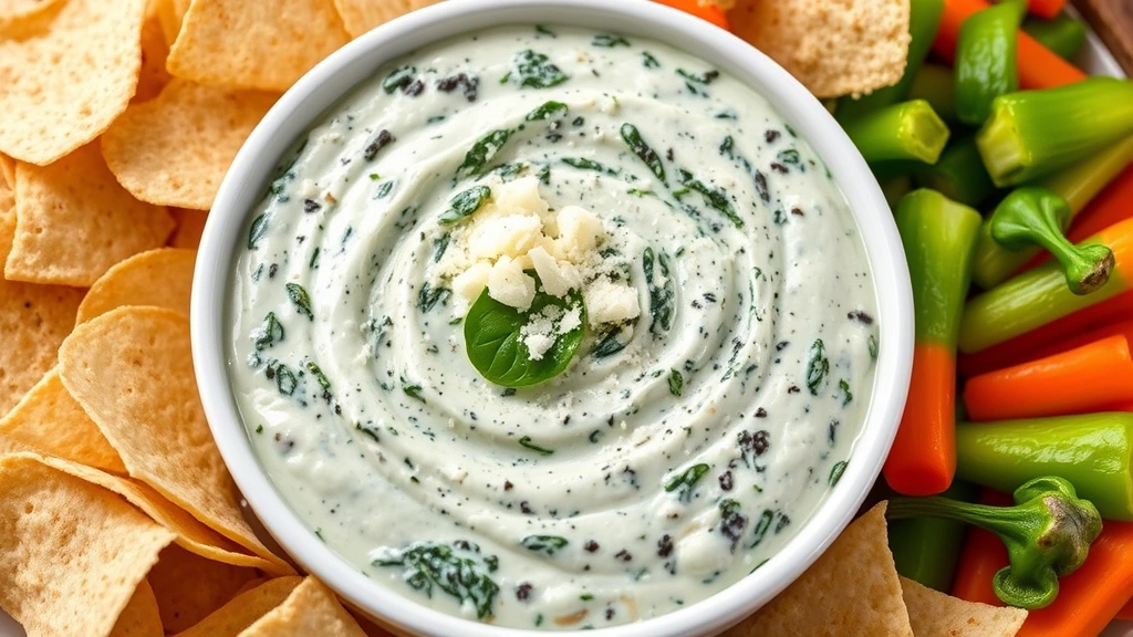 Creamy spinach dip in a white ceramic bowl with fresh spinach leaves and water chestnuts visible, garnished with grated Parmesan cheese, surrounded by tortilla chips and fresh vegetable dippers including bell peppers and carrots