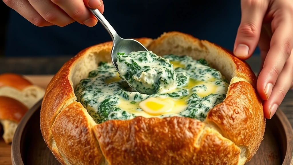 Hands spooning warm spinach dip from a baking dish into a hollowed-out round artisan bread loaf, golden-brown bread bowl with melted butter and garlic visible