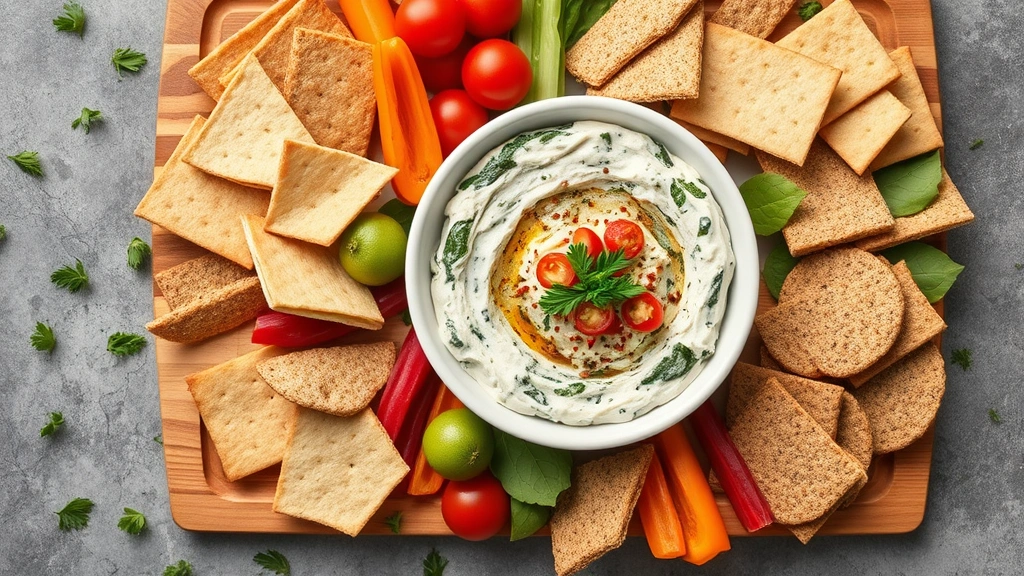 Overhead flat lay of spinach dip appetizer spread featuring a white serving bowl with creamy dip, arranged with crispy pita chips, fresh vegetables, and whole grain crackers on a wooden serving board with fresh herbs scattered around