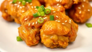 Close-up of golden-brown crispy Korean fried chicken pieces on white plate, glistening coating, steam rising, garnished with sesame seeds and sliced green onions, professional food photography, shallow depth of field