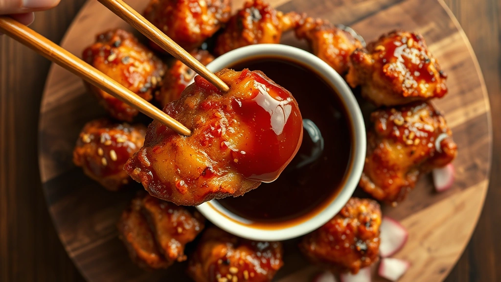 Overhead shot of double-fried chicken being dipped in glossy soy garlic glaze with chopsticks, caramelized coating catching light, wooden serving board, scattered pickled radish pieces visible, warm studio lighting