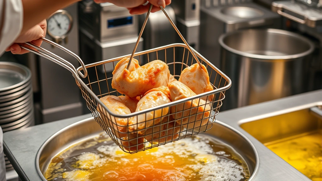 Professional kitchen scene showing chicken pieces in wire basket being lowered into bubbling oil, thermometer showing temperature, golden oil splatters, stainless steel fryer equipment, professional chef's hands in frame
