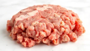 Close-up of raw ground lamb with visible fat marbling and vibrant pink color, showing texture and quality of freshly ground meat on white marble surface
