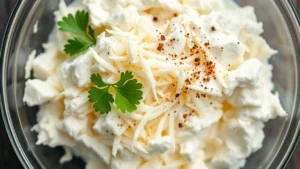 Close-up of creamy cottage cheese mixed with shredded mozzarella and Parmesan in a glass bowl, garnished with fresh parsley and black pepper, photographed from above with natural daylight