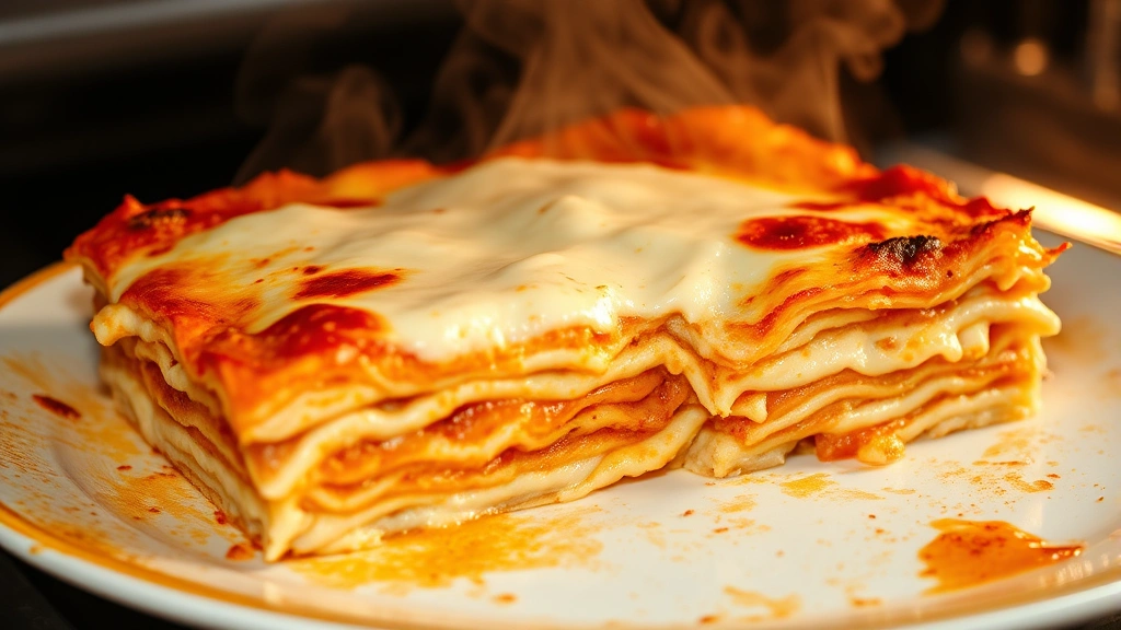 Golden-brown baked cottage cheese lasagna fresh from the oven with melted mozzarella cheese bubbling on top, steam rising, with a portion cut and partially removed showing all layers clearly visible