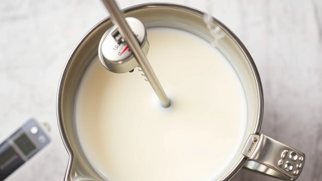 Overhead shot of steam wand positioned in pitcher of cold whole milk creating gentle whirlpool, thermometer visible showing 150°F temperature, stainless steel pitcher catching soft diffused light