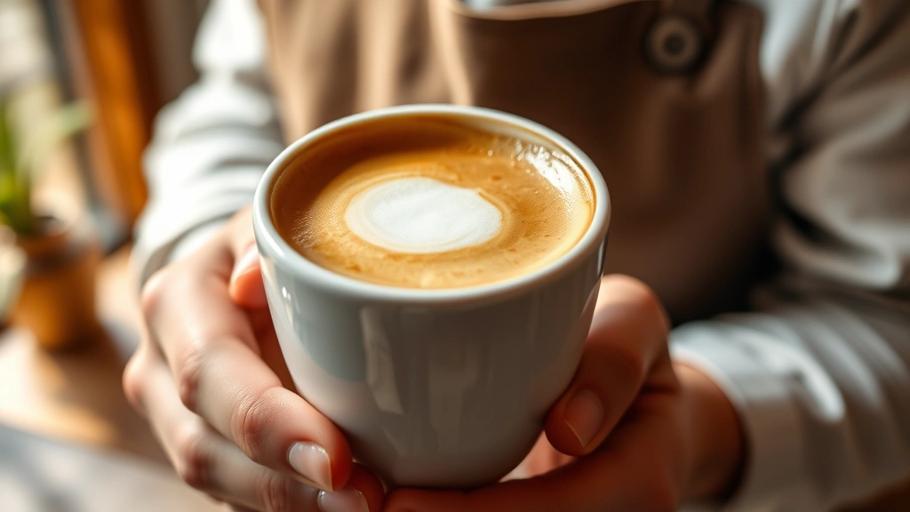 Finished latte in white ceramic cup showing smooth layer of velvety microfoam on top, espresso visible beneath, held by hands wearing barista apron, cozy café background slightly blurred, golden afternoon light