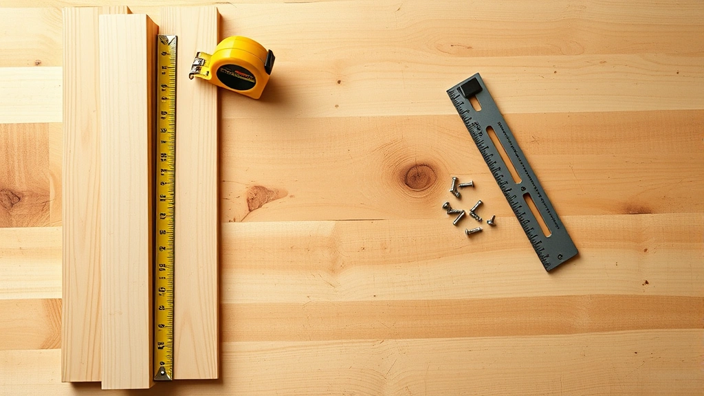 Overhead view of organized pine wood boards, measuring tape, carpenter's square, and wood screws neatly arranged on a clean workbench ready for lectern construction