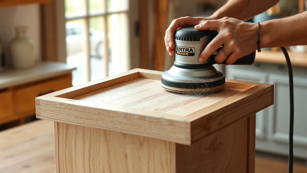 Close-up of hands sanding wooden lectern frame with orbital sander, creating smooth surface with visible wood grain, dust particles floating in natural kitchen light