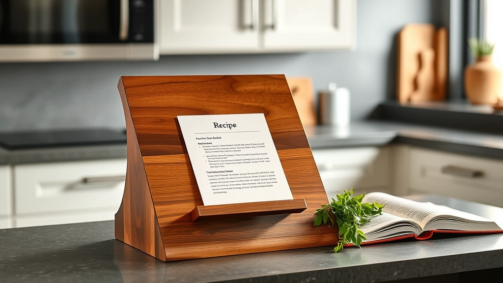 Finished wooden lectern in modern kitchen displaying a recipe card at 45-degree angle, with cookbook nearby and fresh herbs in small vase beside it on counter