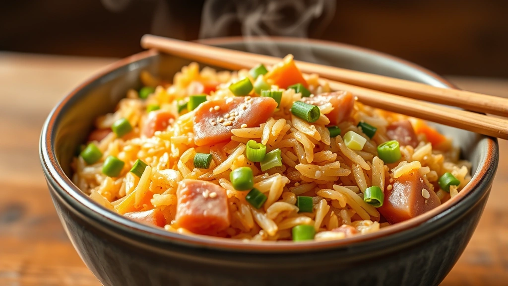 Golden-brown ham fried rice with scattered green onions and sesame seeds in a ceramic bowl with wooden chopsticks resting on the edge, steam rising from the rice, vibrant colors of peas and carrots visible throughout, professional food photography style