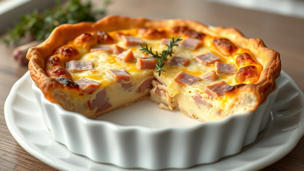 Perfectly sliced ham and cheese quiche with golden-brown crust showing creamy custard interior studded with ham pieces and melted cheese, fresh thyme sprigs as garnish, plated on white ceramic dish with soft natural lighting
