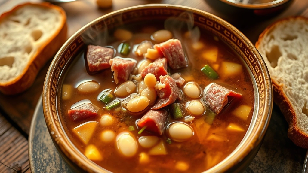 Steaming bowl of smoky ham and bean soup with visible chunks of ham, white beans, and diced vegetables in rich broth, crusty bread slice on the side, rustic wooden table setting, warm inviting lighting