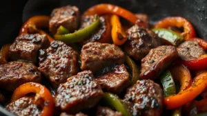 Close-up of sizzling steak strips and charred bell peppers in cast-iron skillet with visible caramelization and smoke