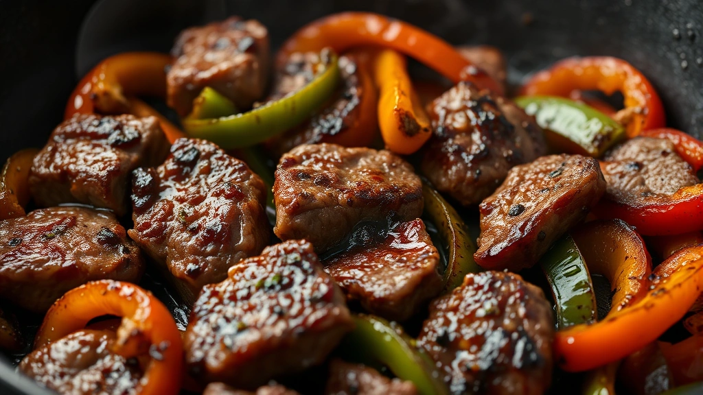 Close-up of sizzling steak strips and charred bell peppers in cast-iron skillet with visible caramelization and smoke