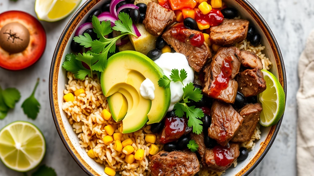 Overhead view of colorful steak fajita bowl with cilantro-lime rice, black beans, corn, avocado, sour cream, and lime wedges