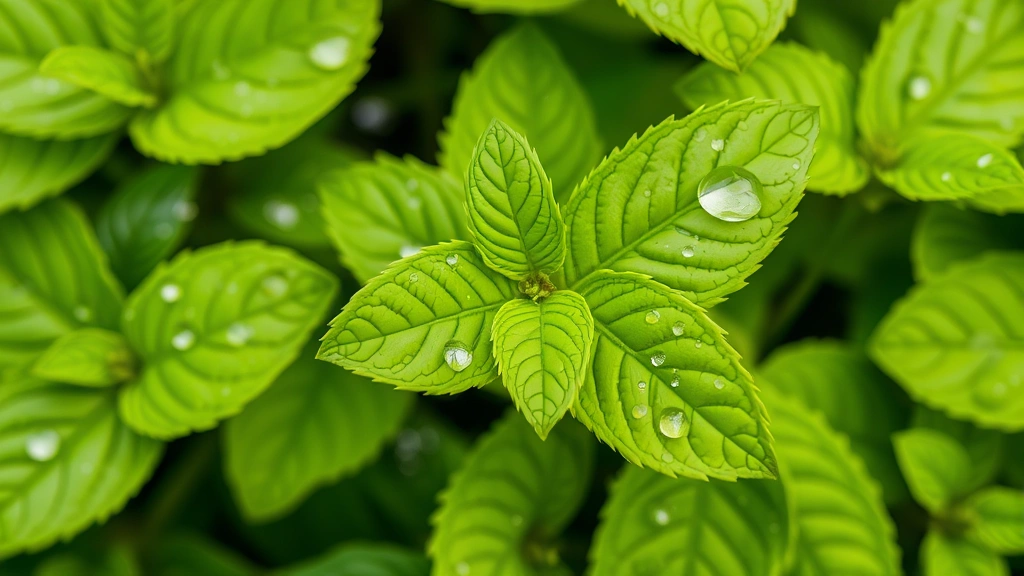 Fresh lemon balm leaves with water droplets, vibrant green oval-shaped foliage with visible texture and veins, natural garden lighting, close-up detail of plant's delicate structure