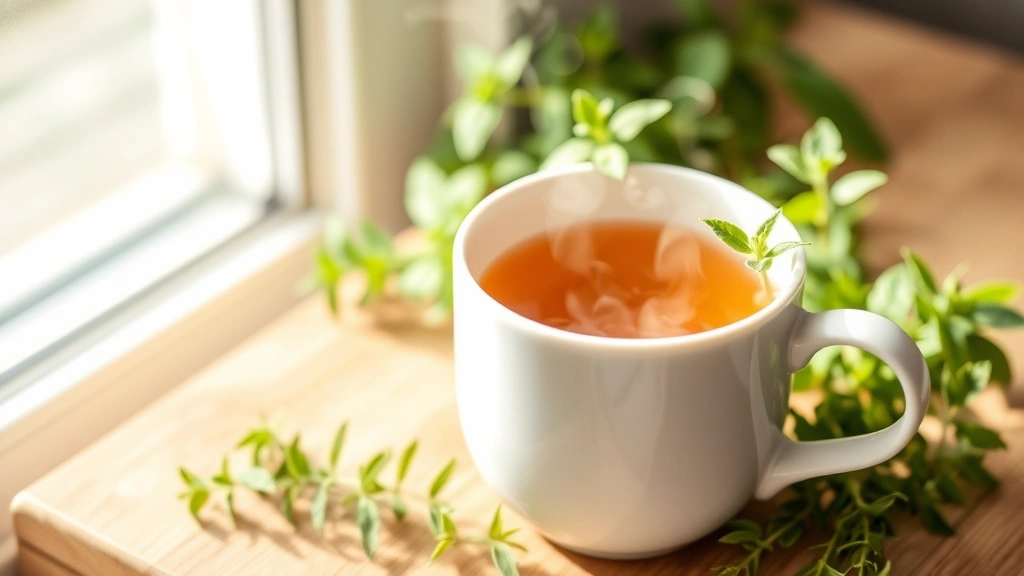 Steaming cup of lemon balm tea with fresh herb sprigs beside white ceramic mug, warm golden-brown liquid, soft natural light from window, cozy herbalist preparation scene