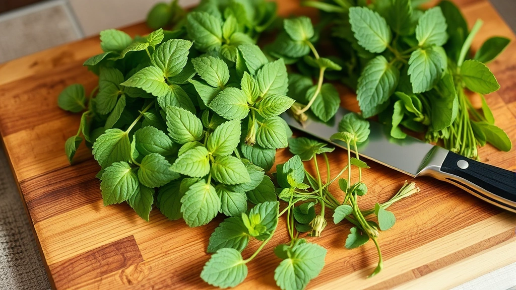 Harvested lemon balm leaves and stems arranged on wooden cutting board with kitchen knife, fresh garden herbs ready for culinary use, soft afternoon kitchen lighting