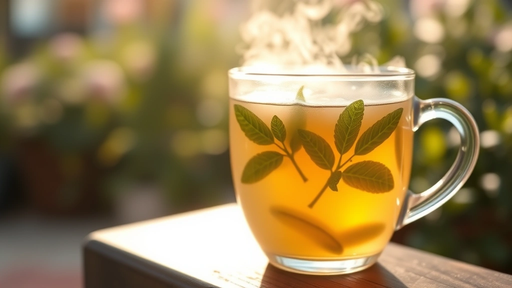 Steaming cup of pale golden lemon balm tea with fresh green leaves floating on surface, warm sunlight filtering through clear glass mug, soft blurred garden background