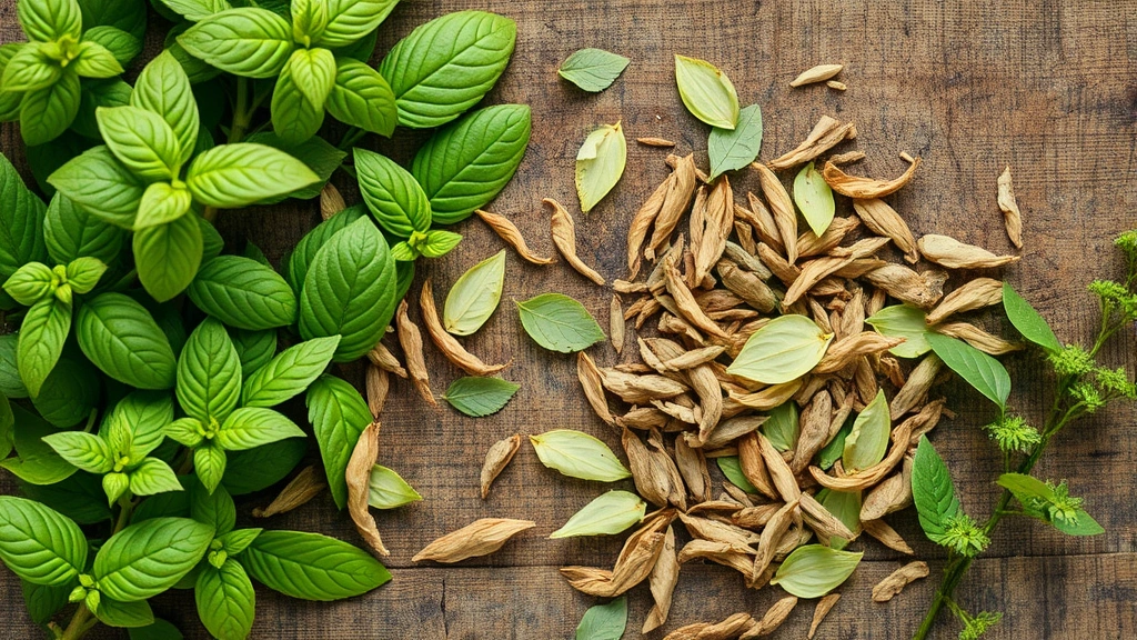 Overhead flat lay of dried lemon balm leaves scattered on rustic wooden surface next to fresh green lemon balm sprigs with visible texture and aromatic oils glistening