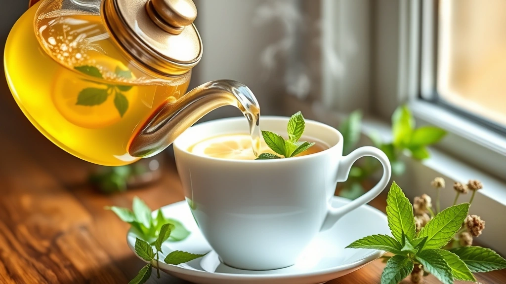 Artfully arranged teapot pouring hot golden lemon balm infusion into white porcelain cup, fresh lemon slice and mint leaf garnish, steam rising, natural window light