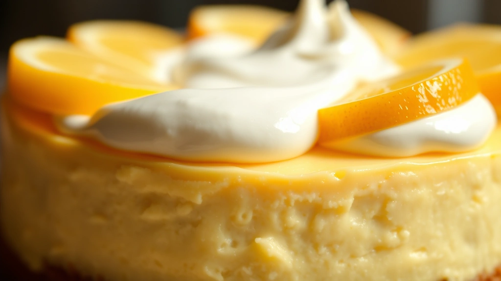 Close-up of creamy lemon cheesecake with smooth texture, showing glossy sour cream topping and candied lemon slices, warm natural lighting, shallow depth of field