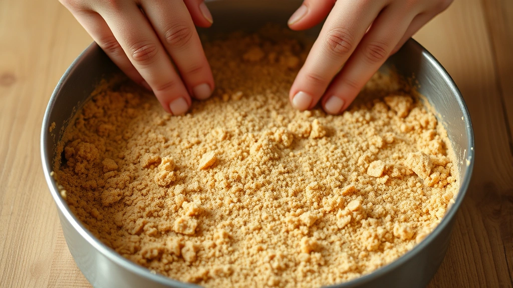 Hands pressing graham cracker crust mixture firmly into springform pan, showing texture and even distribution of buttery crumbs