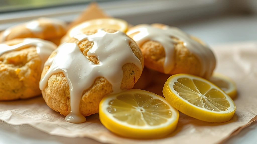 Close-up of golden-brown lemon cookies with glossy white glaze dripping down sides, fresh lemon slices scattered nearby on parchment paper, natural window lighting highlighting texture