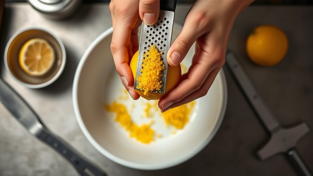Overhead shot of hands using microplane zester on bright yellow lemon over white bowl, lemon zest collecting, professional kitchen setting with stainless steel tools