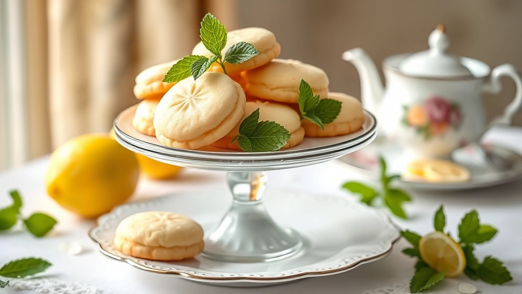 Finished lemon cookies arranged on tiered cake stand with fresh mint leaves and candied lemon wheels, soft natural light, elegant table setting with teacup in background