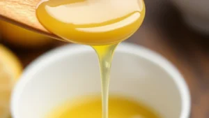 Close-up of glossy lemon glaze dripping slowly off the back of a wooden spoon over a white bowl, showing perfect consistency with bright lemon juice visible