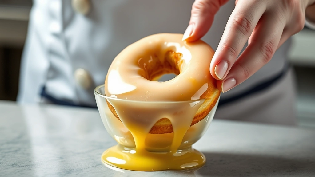 Professional pastry chef hand-dipping a fresh glazed donut into silky lemon glaze, capturing the moment of coating with glaze pooling at the bottom of the bowl