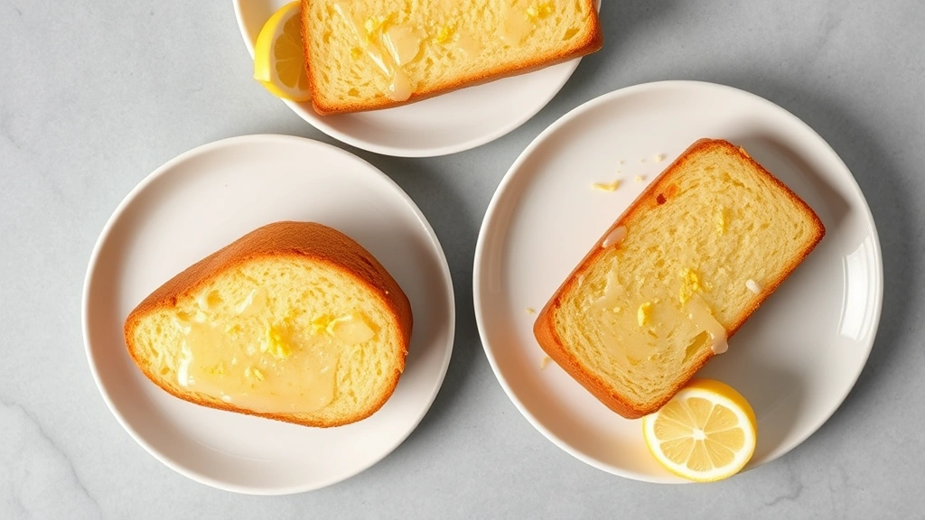 Overhead flat lay of three perfectly glazed lemon pound cake slices on white plates with lemon zest sprinkled on top and fresh lemon wedges beside them, showing glossy shine