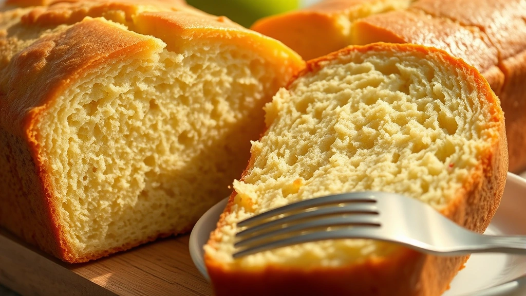 Close-up detail of sliced lemon loaf showing tender, moist crumb structure with perfect golden color, one slice leaning against the loaf, with a fork and small plate, warm afternoon lighting