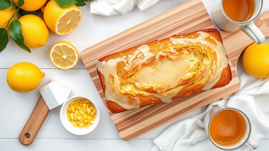 Overhead flat lay of lemon loaf with glaze, surrounded by fresh lemons, a small bowl of lemon zest, wooden cutting board, white kitchen linens, and a cup of tea, styled food photography