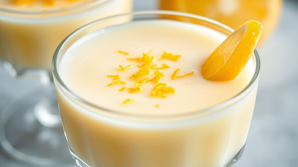 Close-up of silky smooth lemon posset in a crystal glass with fresh lemon zest sprinkled on top and candied lemon peel beside it, soft natural lighting, shallow depth of field focusing on the creamy texture, professional food photography style
