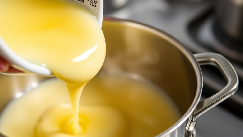 Action shot of golden cream being slowly poured into a saucepan with lemon juice, mid-pour showing the curdling reaction beginning, steam visible, stainless steel cookware, professional kitchen lighting, focus on the transformation moment