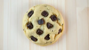 Close-up overhead shot of a perfectly baked levain cookie with dark chocolate chunks visible, showing the characteristic thick chewy texture and golden-brown crispy edges against a light wooden surface