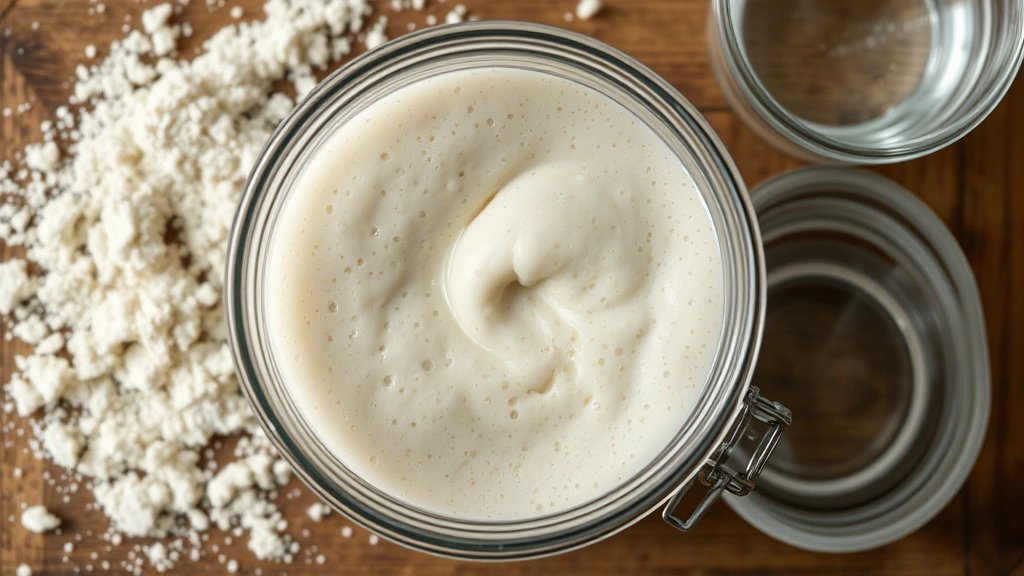 Overhead view of a glass jar containing bubbly, active levain starter dough with visible fermentation bubbles and a slightly domed surface, positioned next to fresh bread flour and filtered water