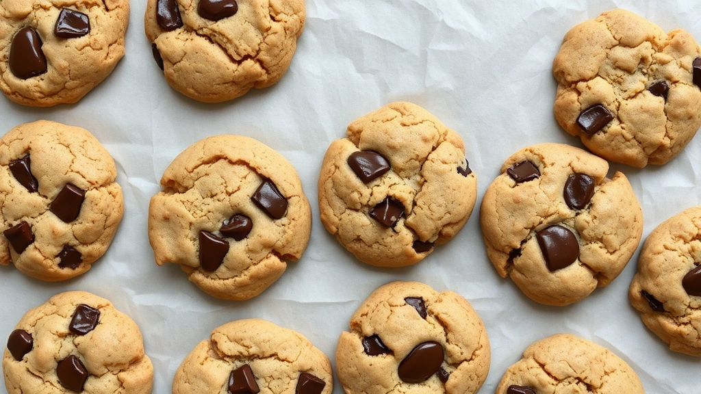 Flat lay of finished levain cookies arranged on parchment paper, displaying the thick, chunky texture with melted chocolate and nuts, golden-brown color, and natural imperfect shapes characteristic of artisanal bakery cookies