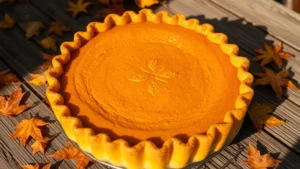 Golden-brown baked pumpkin pie with fluted crimped edges, cooling on a rustic wooden surface with autumn leaves scattered nearby, warm afternoon lighting