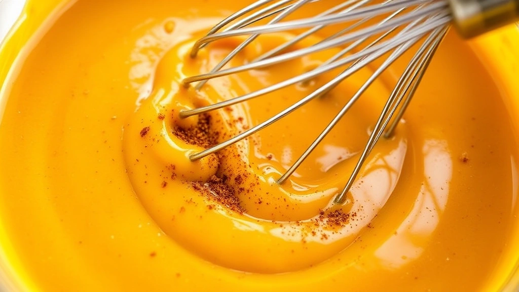 Close-up of smooth pumpkin pie filling being whisked in a glass bowl with a whisk, showing rich orange color and creamy texture with cinnamon and nutmeg spices visible