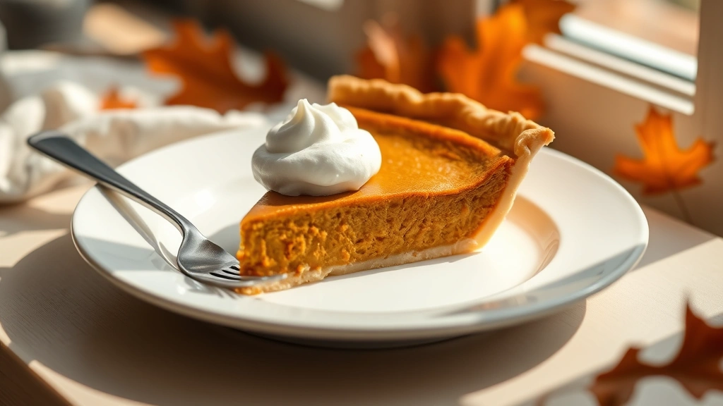 Sliced pumpkin pie on a white ceramic plate with a dollop of whipped cream on top, fork beside it, soft natural window light creating shadows, cozy autumn setting